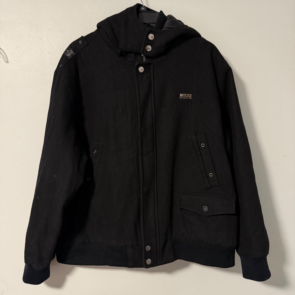 Coogi Australia Mens Wool Blend Bomber Jacket Black Detachable Hood Size 3X F9TW